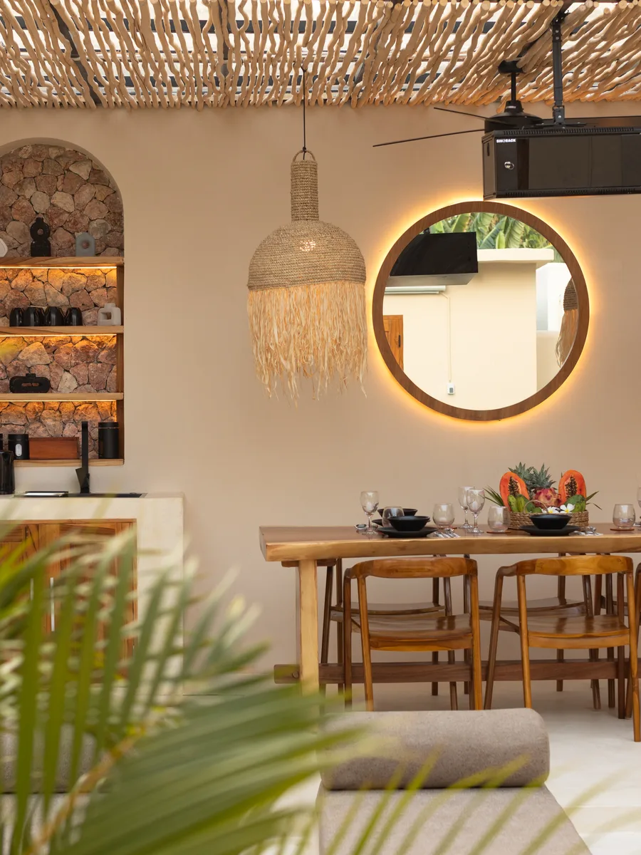 Dining table and bar under the woven roof