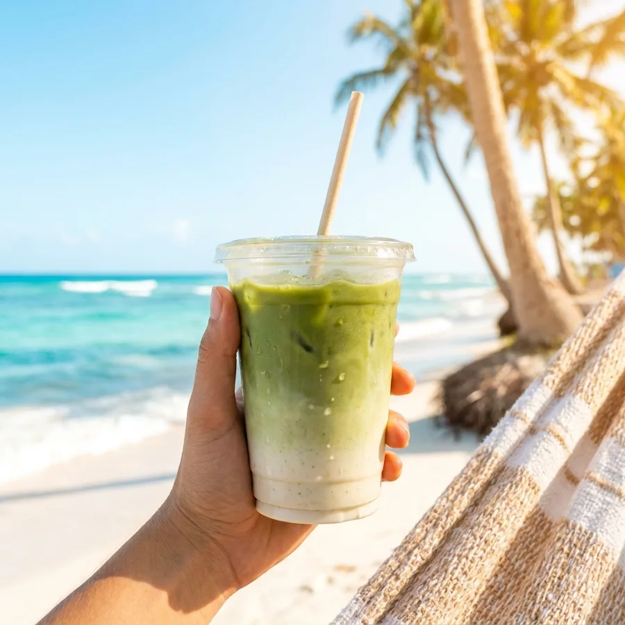 Iced matcha by the sea