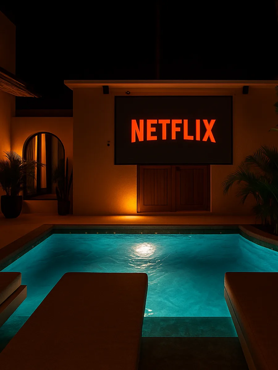 Outdoor cinema with Netflix over the pool at night